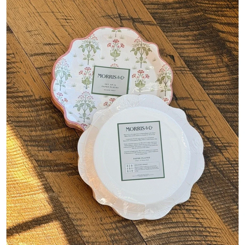 Morris‎ & Co Meadow Sweet 32 Paper Plates Scalloped Floral 10 Inch Pink Green